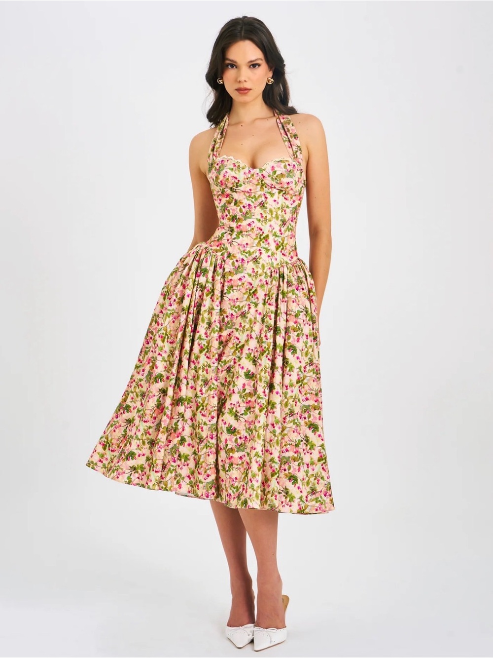 Miss Circle Niya Floral Print Linen Halter Corset Maxi Dress Size: S